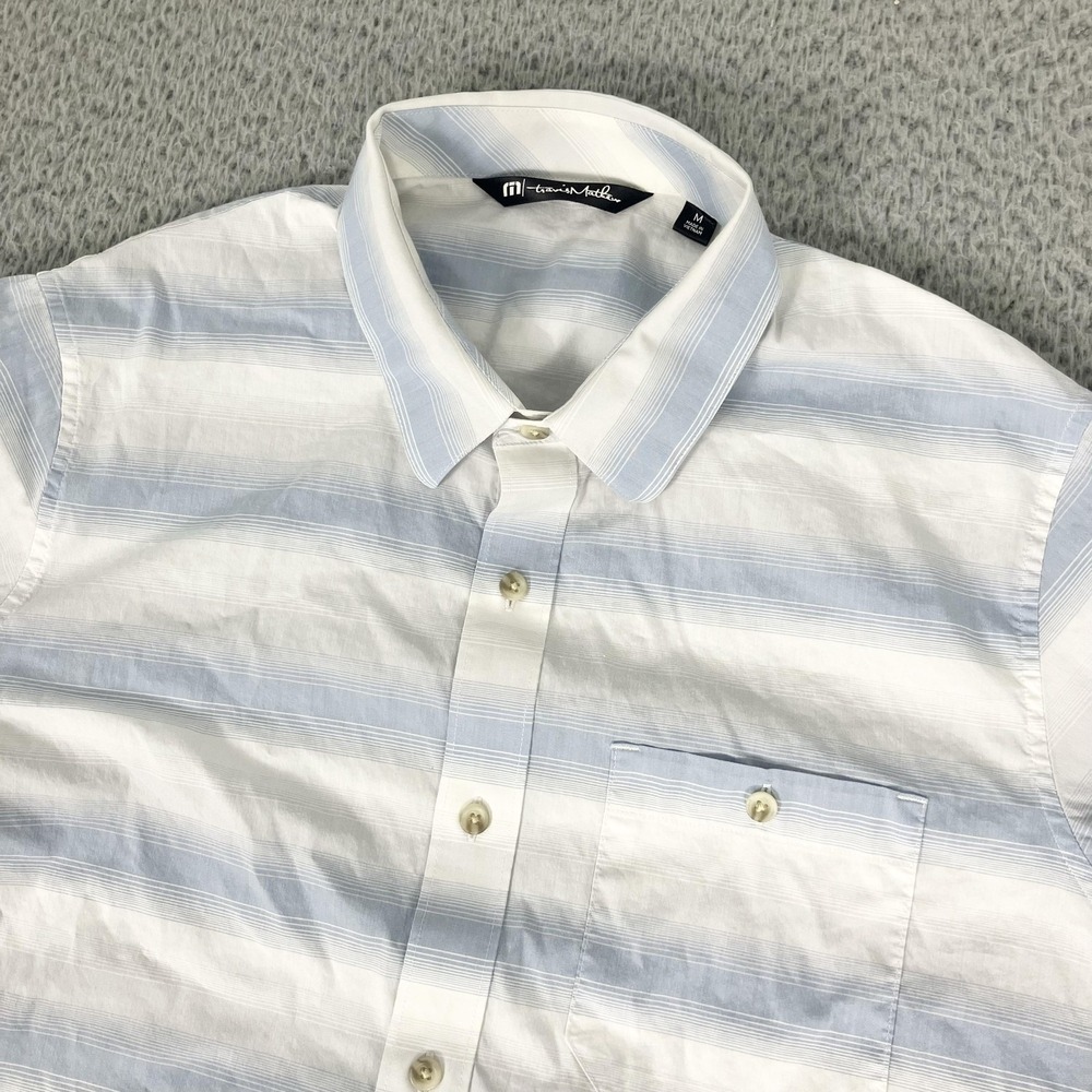 Travis Mathew Shirt Mens Medium White Stripe Short Sleeve Button Up Stretch Golf